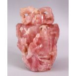 A LARGER CARVED CHINESE ROSE QUARTZ DRAGON & GODDESS VASE & COVER, the body carved with goddess,