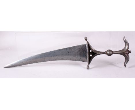 A FINE INDIAN POLISHED STEEL DAGGER, the handle with bow shaped pommel, disc shaped hand guard and curving blade, 37cm long. 