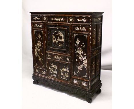 A 20TH CENTURY ROYAL VIETNAM INLAID AND SIGNED MOTHER OF PEARL CABINET, the cabinet with 9 panels of mother of pearl inlay de