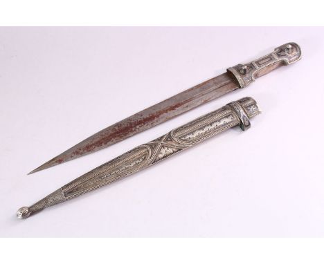 A 19TH CENTURY RUSSIAN KINJAL DAGGER with niello decoration to the scabbard and hilt, 46cm long.