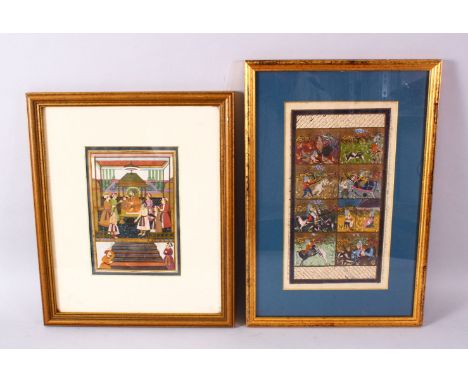 TWO ISLAMIC MINITAURE PAINTING / WATERCOLOUR PICTURES, one depicting a noble figure interior with attendants, framed 40cm x 3