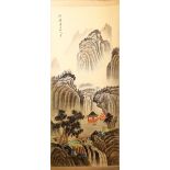 A CHINESE PAINTED SCROLL PICTURE OF A LANDSCAPE, the picture painted to depict a mountainous