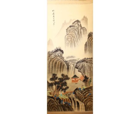 A CHINESE PAINTED SCROLL PICTURE OF A LANDSCAPE, the picture painted to depict a mountainous waterfall landscape with figures