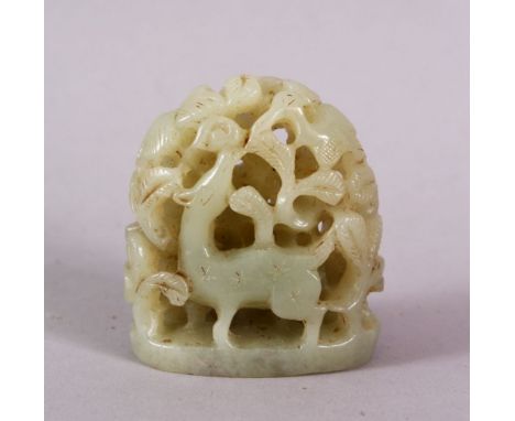 A CHINESE CARVED JADE FIGURE OF DEER &amp; TREES, the two deer depicted under native trees, 5cm