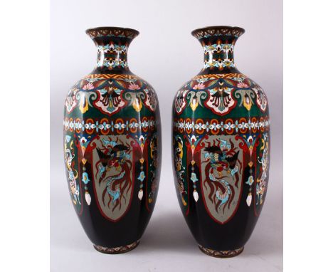 A LARGE PAIR OF JAPANESE MEIJI PERIOD HEXAGONAL FORMED CLOISONNE VASES, with panel decoration of dragons and phoenix in silve