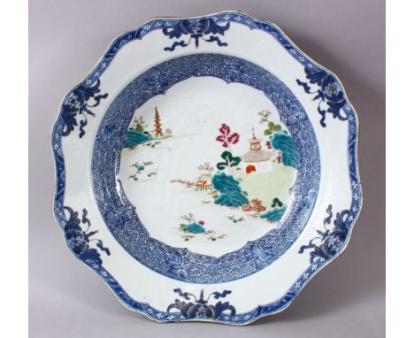 AN 18TH CENTURY CHINESE FAMILLE ROSE / BLUE &amp; WHITE PORCELAIN BASIN, decorated central in famille rose with a landscape v