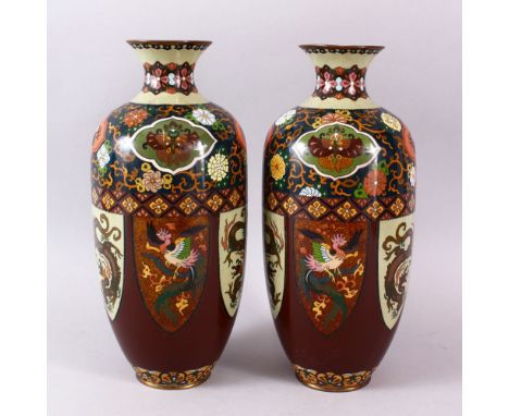 A PAIR OF JAPANESE MEIJI PERIOD CLOISONNE VASES, the body with panel decoration depicting dragons and phoenix birds, with for