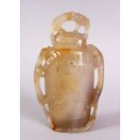 A CHINESE CARVED AGATE LIDDED CENSER / VASE, with relief carved detailing of chilong to the sides