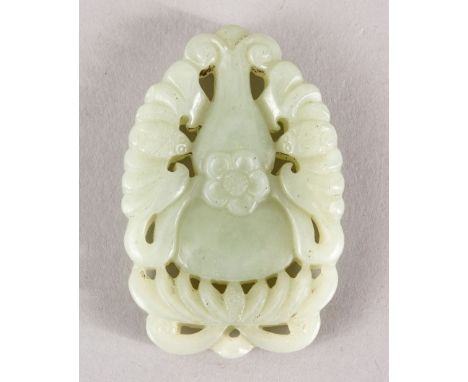 A GOOD 19TH / 20TH CENTURY CHINESE CARVED CELADON JADE PENDANT - DOUBLE GOURD, a double gourds sat upon lotus with bats and f