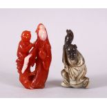 TWO CHINESE CARVED HARDSTONE FIGURES, the red carved figure of guanyin and a boy, 7cm, the other