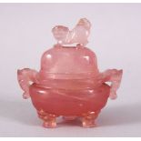 A CHINESE CARVED ROSE QUARTS CENSER & COVER, the body with twin carved handles and a lion dog
