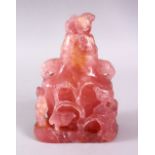 A CHINESE CARVED ROSE QUARTZ VASE & COVER, the body of the vase with carved relief depicting birds
