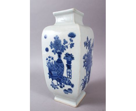 A CHINESE BLUE &amp; WHITE KANGXI STYLE SQUARE FORMED VASE, each panel with a native displays of flora  depicting the four se