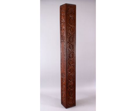 A GOOD LARGE 19TH CENTURY INDIAN OR SRI LANKAN CARVED WOOD PRESENTATION BOX possibly for a sword, three sides carved with sty