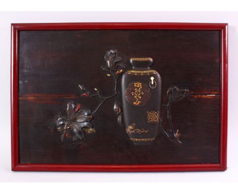 A FINE JAPANESE MEIJI PERIOD CARVED AND LACQUER WOOD PANEL, the panel depicting a carved wooden and decorated vase upon a har