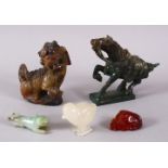 A MIXED LOT OF CHINESE CARVED HARDSTONE FIGURES OF ANIMALS, one jadelike horse 9cm, one soapstone