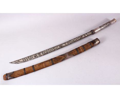 A FINE 19TH CENTURY BURMESE DHA SWORD with niello inlaid handle and fine silver inlaid blade, with original scabbard, overall