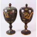 TWO GOOD 19TH CENTURY OR EARLIER CHINESE CLOISONNE STEM VASES & COVERS, each decorated with gilt