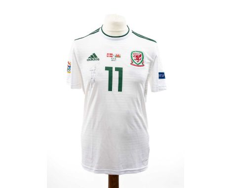 THE FOOTBALL CLUB HOUSE: GARETH BALE MATCH WORN AND SIGNED WALES SHIRT bearing Welsh Football Association motif, "Gorau. Chwa
