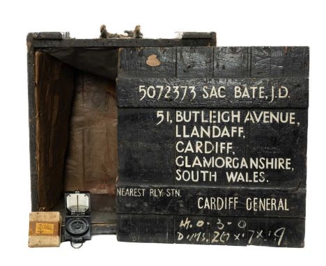 MILITARY / AVIATION CLUB HOUSE: ROYAL AIR FORCE WOODEN BOX, painted 5072373 SAC BATE, J.D., with Cardiff address and nearest 
