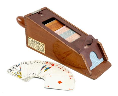 THE GAMES CLUB HOUSE: VINTAGE FRENCH J.A.L. PARIS "LE BANQUIER" BACCARAT CARD DEALING SHOE, with ivorine plaque and handle, c