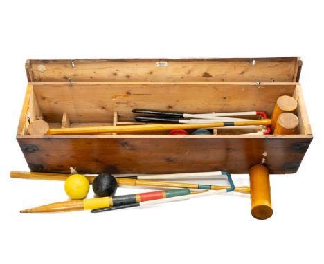 THE LAWN GAMES CLUB HOUSE: T. HARRIS & SONS GARDEN CROQUET SET, complete for four, with croquet balls, mallets, post, hoops, 