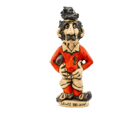 THE RUGBY UNION CLUB HOUSE: JOHN HUGHES CARICATURE GROGG OF 'LEWIS THE LEAP', standing on titled base, wearing his Wales No.4