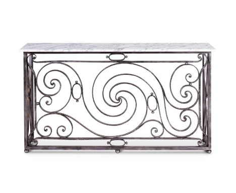A MARBLE TOPPED IRONWORK CONSOLE TABLE LATE 20TH CENTURY incorporating a wrought iron balcony grill 86cm high, 157.5cm wide, 