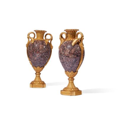 A PAIR OF GILT ORMOLU MOUNTED GRANITE VASES IN THE LOUIS XVI STYLE  FRENCH, 19TH CENTURY  Each ovoid granite body surmounted 