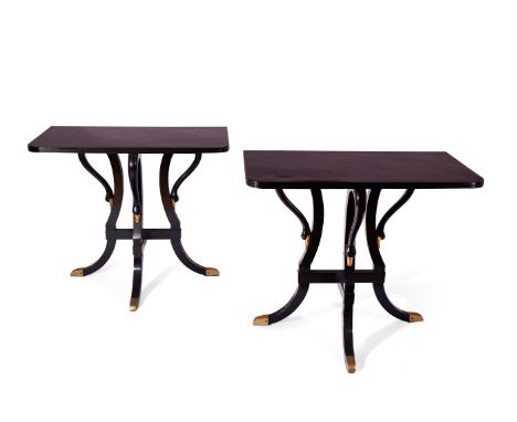 A PAIR OF BRONZE MOUNTED EBONISED CONSOLE TABLES  ITALIAN, MID 20TH CENTURY  With glass tops, bronze feet and swan heads with
