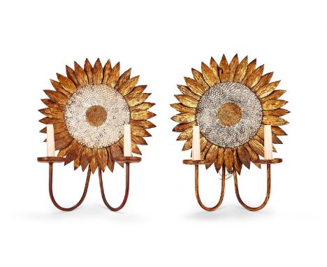 A PAIR OF SPANISH SILVER AND GILT DECORATED METAL TWIN BRANCH SUNFLOWER WALL LIGHTS  1960s Each with label to reverse "Patent