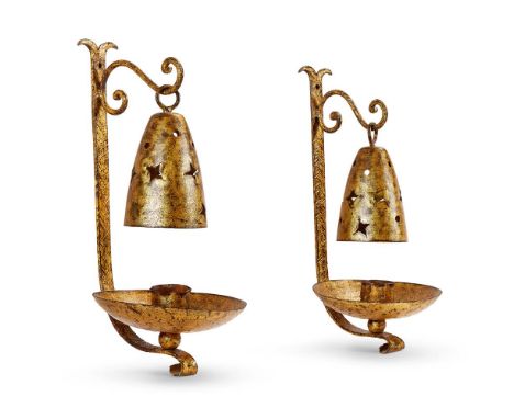 A PAIR OF SPANISH GILT METAL SCONCES  SECOND HALF 20TH CENTURY  43cm high overall  Condition Report:  Mild wear, marks, knock