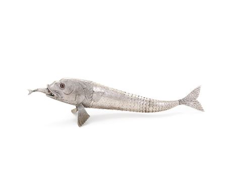 A SPANISH SILVER COLOURED ARTICULATED MODEL OF A PIKE LOPEZ, MADRID, POST 1934 .915 STANDARD With glass eyes and a smaller ar
