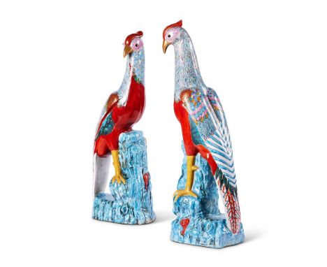 A PAIR OF PORCELAIN PHEASANTS  IN THE MID 18TH CENTURY CHINESE EXPORT MANNER, MODERN  Famille Rose decoration with hand paint