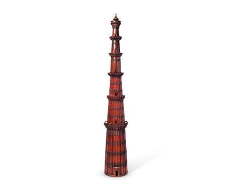 AN INDIAN TEAK MODEL OF THE QUTB MINAR  19TH CENTURY AND LATER  The modern upper three tiers added in poplar, together with a