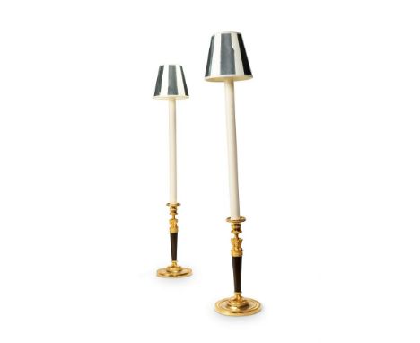 A PAIR OF EMPIRE GILT AND PATINATED BRONZE CANDLESTICKS AFTER GALLE AND PERCIER  EARLY 19TH CENTURY AND LATER  Characteristic