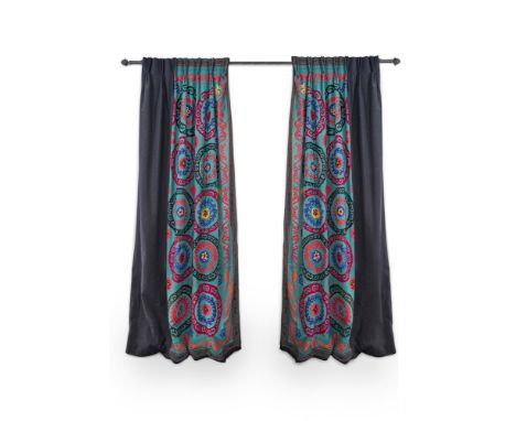 A PAIR OF EMBROIDERED SUZANI CURTAINS  MODERN  approx 282cm drop, each curtain approx 170cm wide   Condition Report:  Mild we