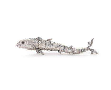 A SPANISH SILVER COLOURED ARTICULATED MODEL OF A FISH LOPEZ, MADRID, POST 1934 .915 STANDARD With glass eyes 44cm (17 1/4in) 