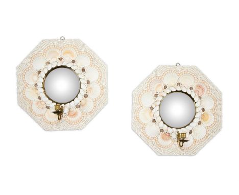 Y&nbspA PAIR OF BRASS MOUNTED, SHELL ENCRUSTED OCTAGONAL CONVEX GIRANDOLE MIRRORS  MODERN Each with a single candle branch  5