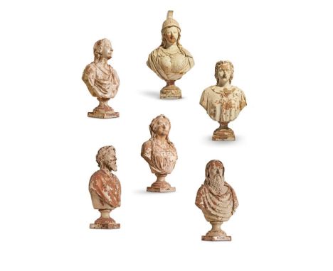 A SET OF SIX ITALIAN GLAZED TERRACOTTA BUSTS  SICILIAN, MID 19TH CENTURY  Depicting the Four Seasons, Minerva and a girl call
