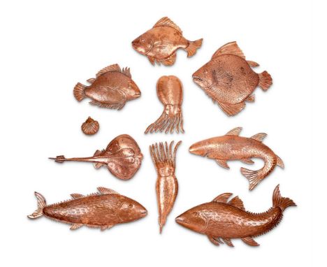 A SHOAL OF TEN ITALIAN EMBOSSED COPPER FISHES AND SEA LIFE  VENICE, SECOND HALF OF THE 20TH CENTURY  Sea creatures to include