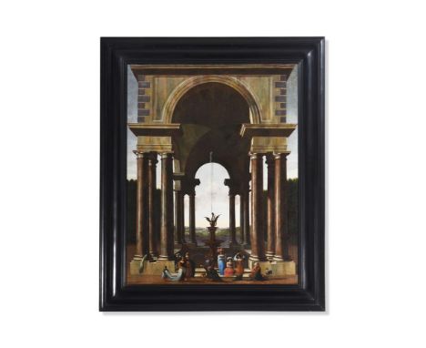 JACOB FERDINAND SAEYS (DUTCH 1659-1725/6) A CLASSICAL PORTICO WITH AN ELEGANT COMPANY GATHERED BY A FOUNTAIN Oil on canvas Si
