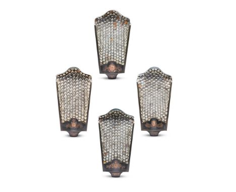 A SET OF FOUR TOLE PEINTE AND MIRROR BACK WALL SCONCES  CONTINENTAL, MID 20TH CENTURY  Each of tapering form with glazed fron