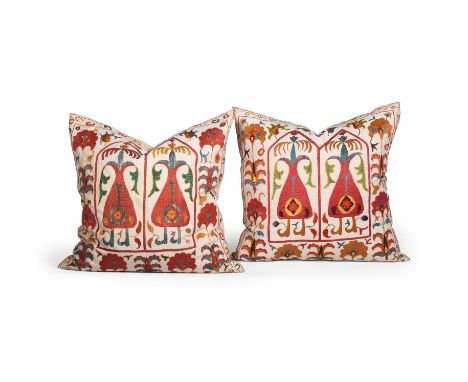 A PAIR OF NEEDLEWORK CUSHIONS  INDIAN  each 53.5 x 53.5cm   Condition Report:  Mild wear, and surface dirt as per relatively 