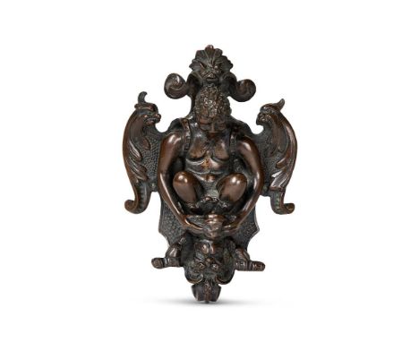 AN ITALIAN BRONZE DOOR KNOCKER WITH SATYR  17TH CENTURY 13cm high, 9cm wide   Condition Report:  Wear, marks, knocks and scra