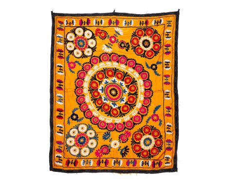 A SUZANI PANEL  Orange ground  180cm x 144cm  Condition Report:  Creasing, fold marks, as per age, handling, use, and cleanin