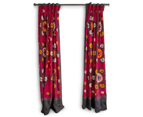 A PAIR OF EMBROIDERED SUZANI CURTAINS  MODERN  approx 282cm drop, each curtain approx 160cm wide      Condition Report:  With