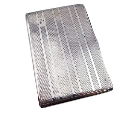 1940's silver cigarette case, with engine turned decoration and engraved rectangular panel to upper left corner, hallmarked L