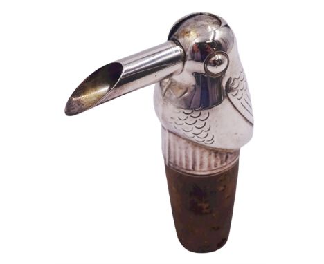 Modern silver novelty bottle pourer, modelled as a stylised bird, the articulated spout its' beak, fitted upon a cork, hallma