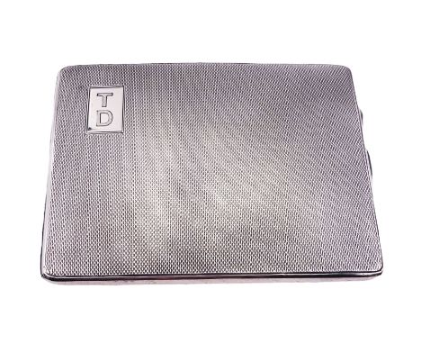 Mid 20th century silver cigarette case, with engine turned decorated and engraved initials to panel in upper left corner, the
